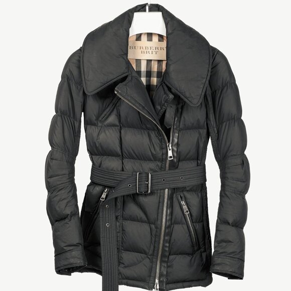 Burberry Brit Charcoal Leather-Trim Belted Puffer Jacket - Picture 1 of 16